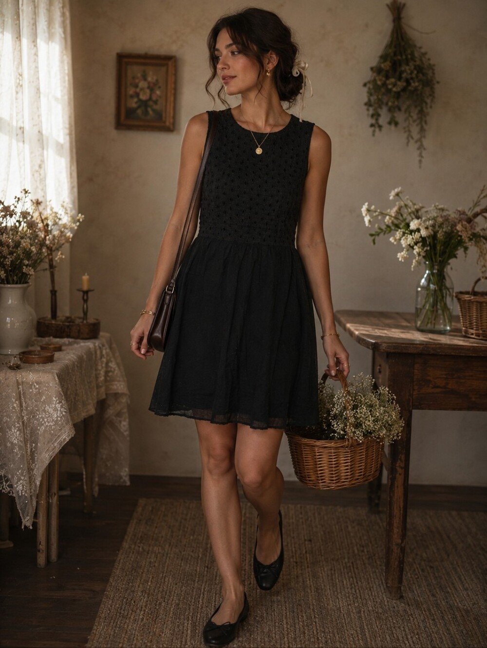 Italian brand OVS black 100% cotton embroidered eyelet fit & flare Romantic